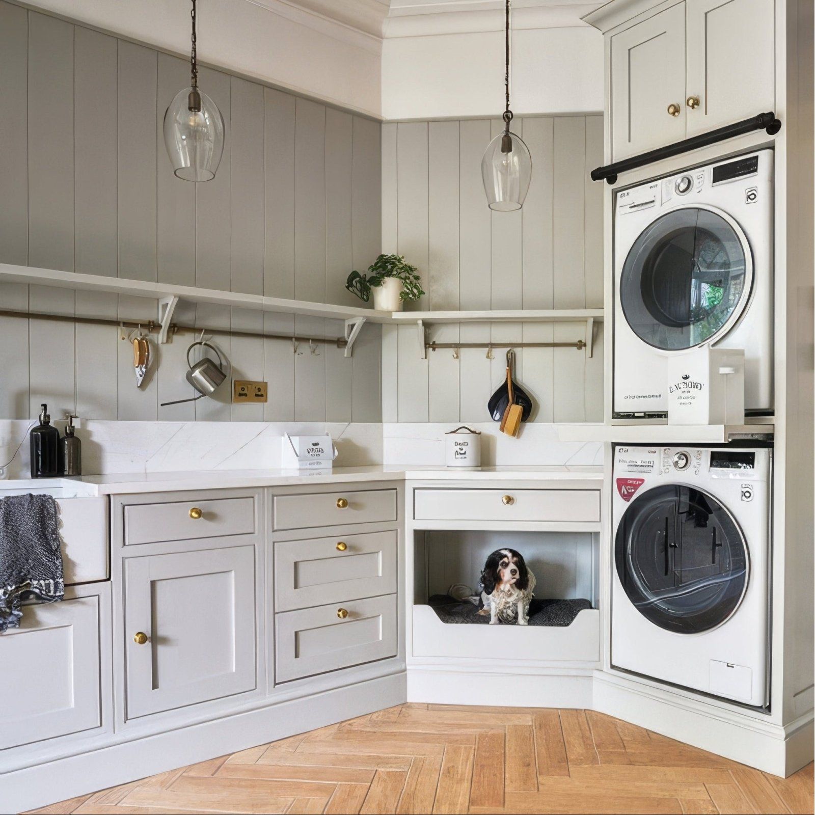 White stacked washer and dryer unit with black circular doors and gold-toned hardware in chatham porcelain oak finish