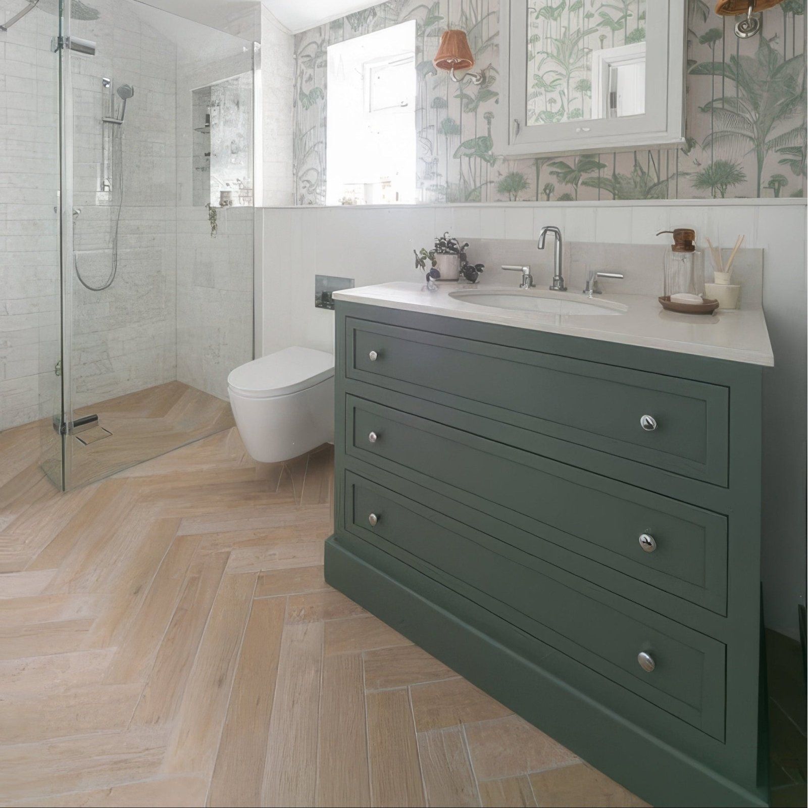 Dark green wooden chatham porcelain oak bathroom vanity with three drawers and silver round knobs