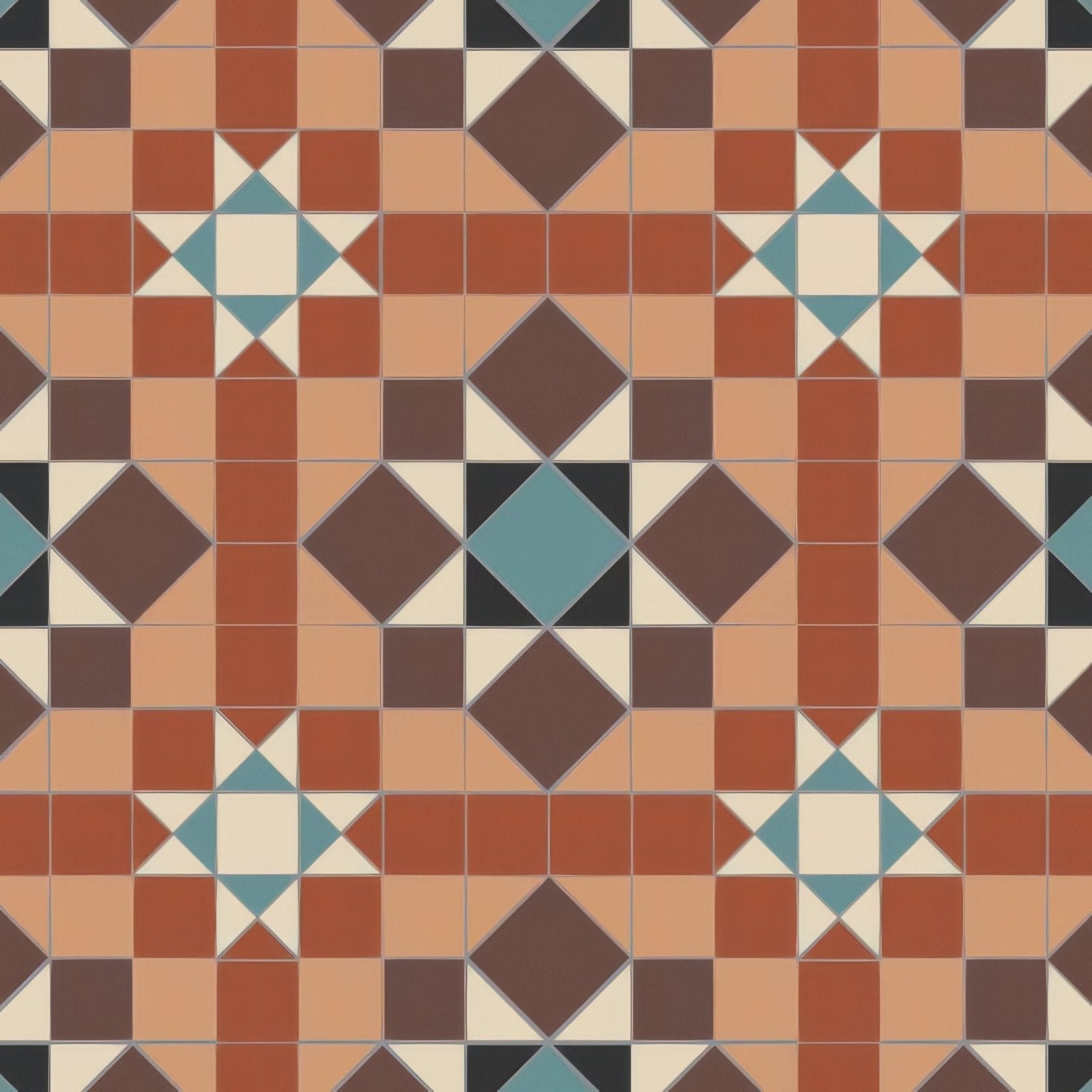Chatsworth terracotta and cream geometric patterned floor tile with teal accents in black blue brown buff red and white colors