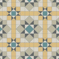 Geometric patterned floor tile with repeating yellow teal gray and off-white squares and diamonds in chatsworth blue chester mews dover white hawthorn yellow and revival grey colors