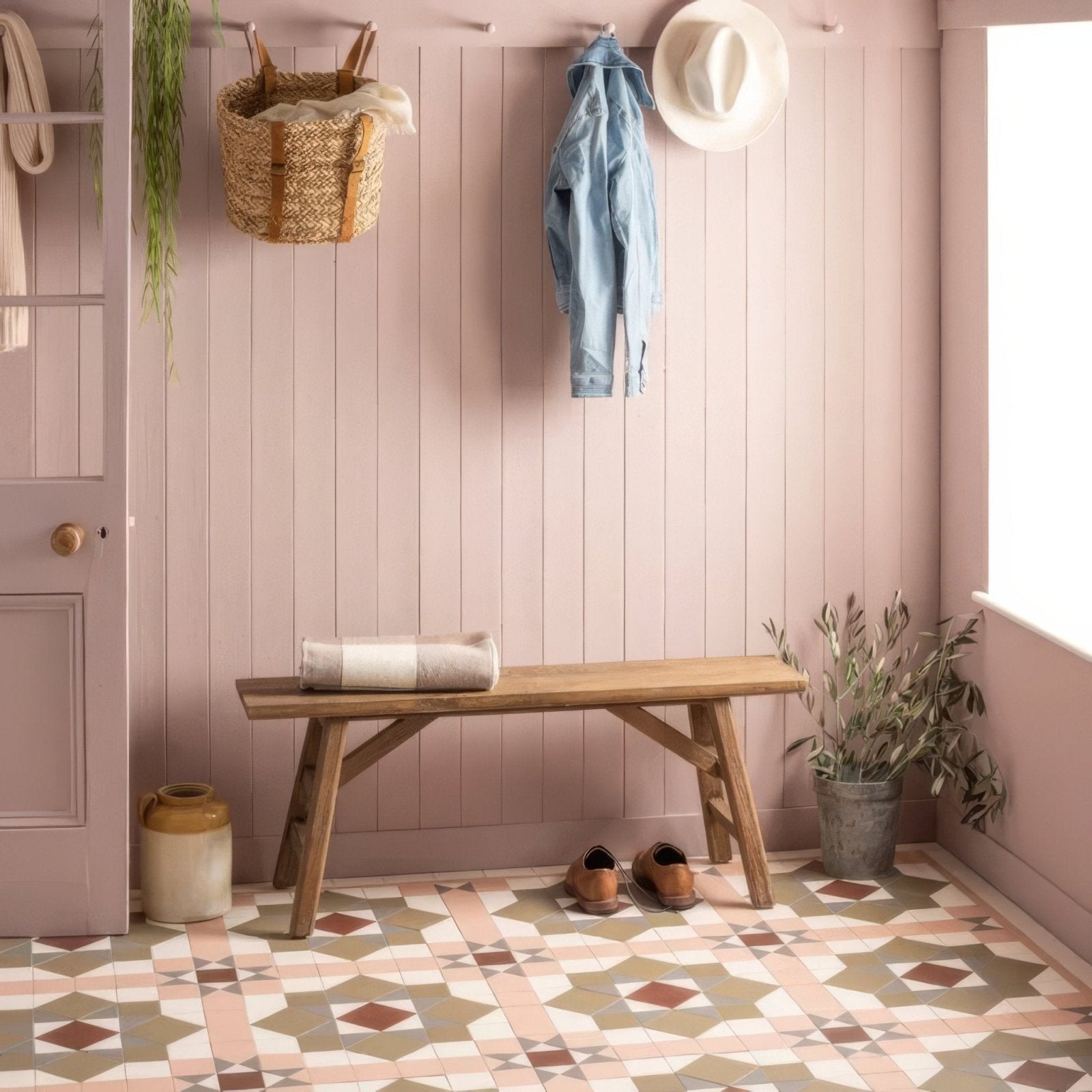 A rustic wooden bench with a simple sturdy design and natural wood finish in chatsworth brown carnation pink dover white green and revival grey