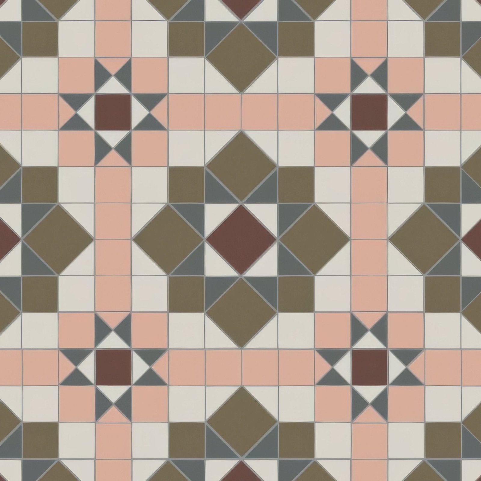 Geometric patterned terracotta and slate floor tile with cream accents in chatsworth brown carnation pink dover white green and revival grey