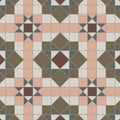 Geometric patterned terracotta and slate floor tile with cream accents in chatsworth brown carnation pink dover white green and revival grey