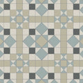 Geometric patterned tile floor in chatsworth dover white chester mews grey and revival grey with blue beige and dark gray shapes