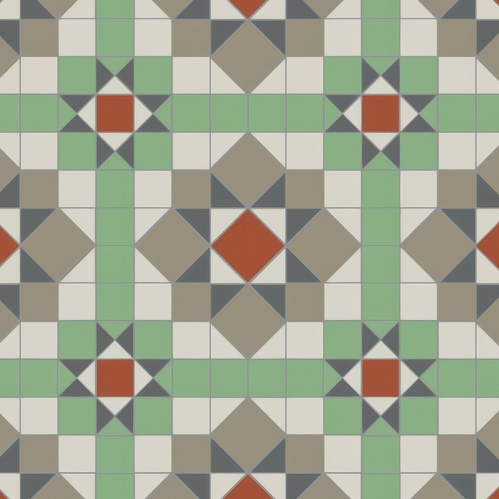 Geometric patterned tile floor featuring chatsworth dover white, holkham dune, spring green, revival grey and red colors