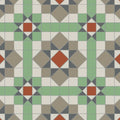Geometric patterned tile floor featuring chatsworth dover white, holkham dune, spring green, revival grey and red colors