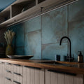 Chemistry porcelain verdigris 80 x 80cm kitchen tile features blue green textured backsplash with metallic undertones