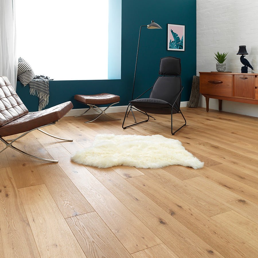Cream-colored sheepskin rug with soft fluffy texture and natural shape for rustic oak chepstow decor