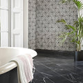 Chequers Court black marble-effect floor tiles with white veining featuring a sleek polished finish