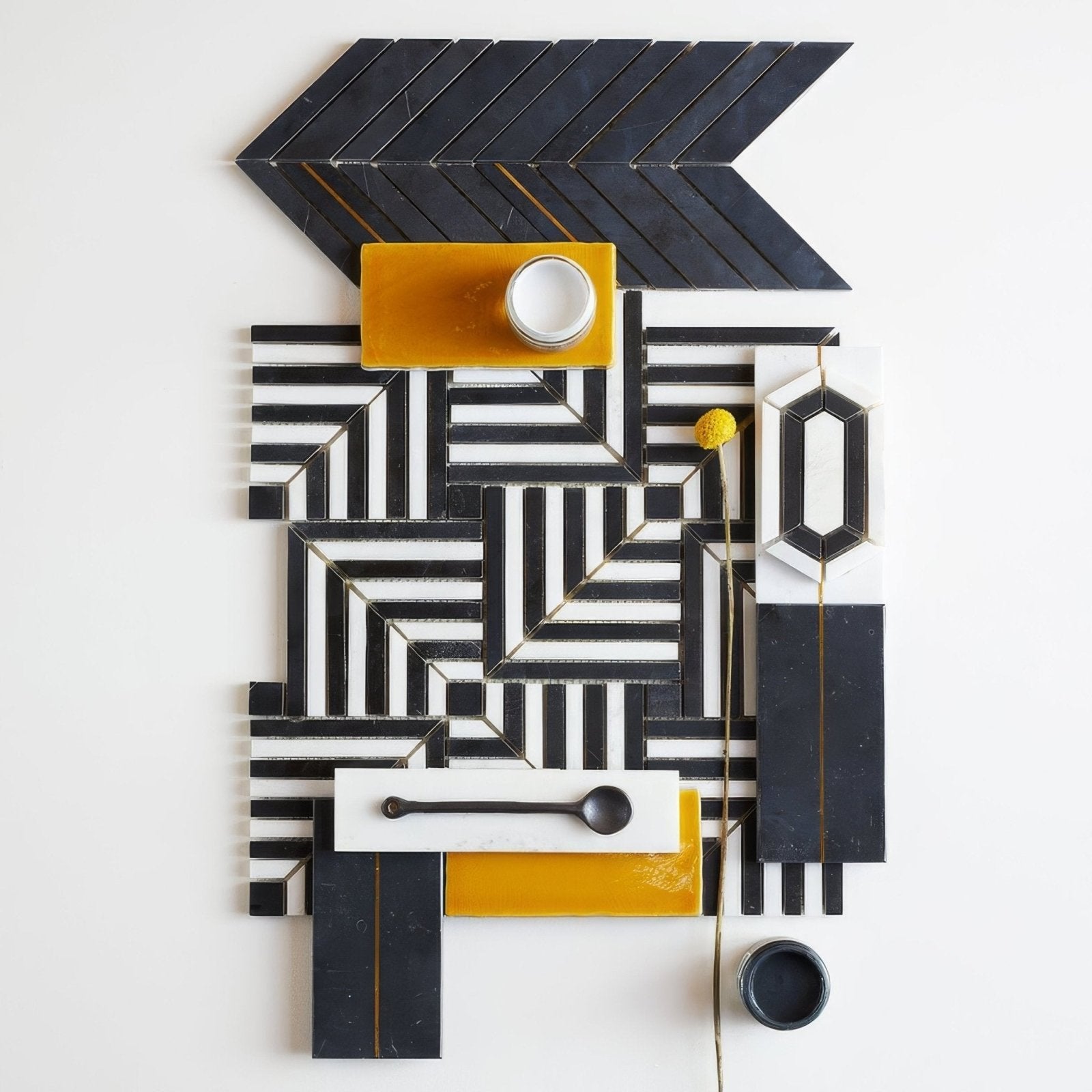 Abstract geometric tile mural in black white and mustard yellow with modern design for chequers court deco mosaic