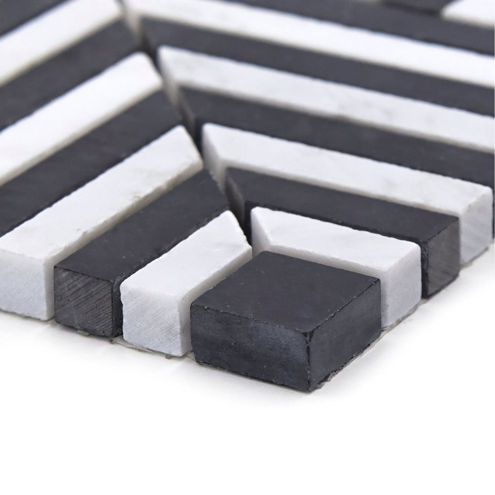 Black and white rectangular mosaic tiles in a diagonal striped pattern for chequers court deco mosaic flooring and walls