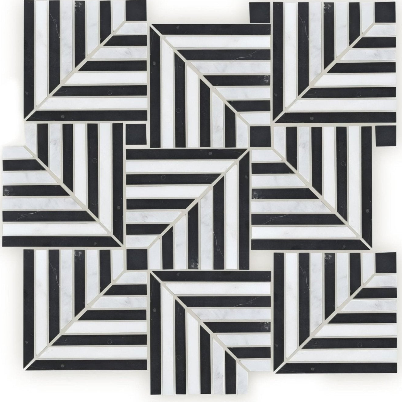 Chequers court deco mosaic black and white marble tile with geometric interlocking pattern for decorative flooring
