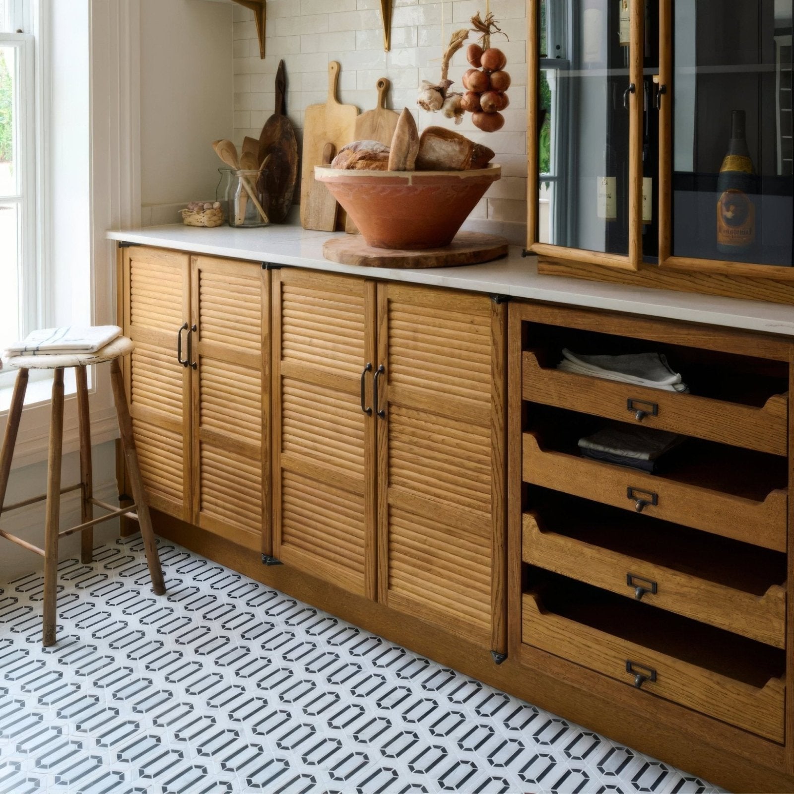 Chequers Court Double Hexagon white and black hexagon mosaic flooring with a wooden slatted cabinet