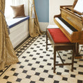 Black and white hexagonal tile floor with diamond pattern in chesterfield black and dover white colors
