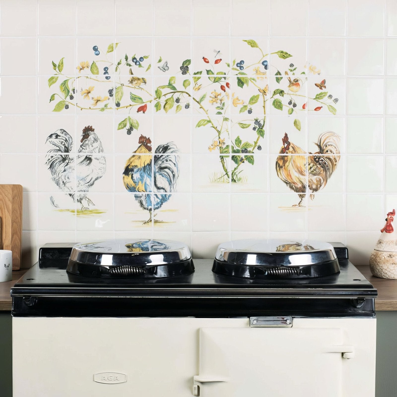 Cream-colored ceramic kitchen backsplash tiles with detailed roosters and berry vines in natural colors chicken coop 40 panel