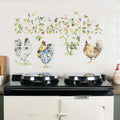 Cream-colored ceramic kitchen backsplash tiles with detailed roosters and berry vines in natural colors chicken coop 40 panel