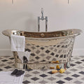Chiesa Grey grey and white marble mosaic with a silver freestanding bathtub and chrome tap
