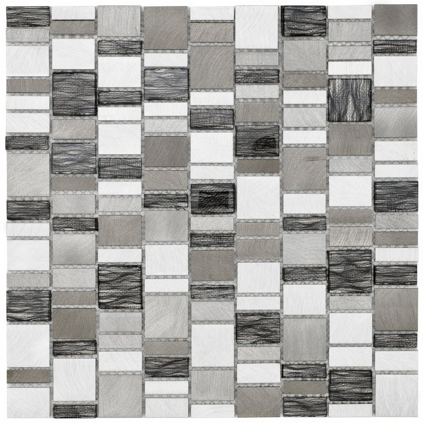 Gray and white textured mosaic tile panel with modern geometric pattern in chrome copper glass and metal linear mix size mosaic