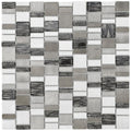 Gray and white textured mosaic tile panel with modern geometric pattern in chrome copper glass and metal linear mix size mosaic