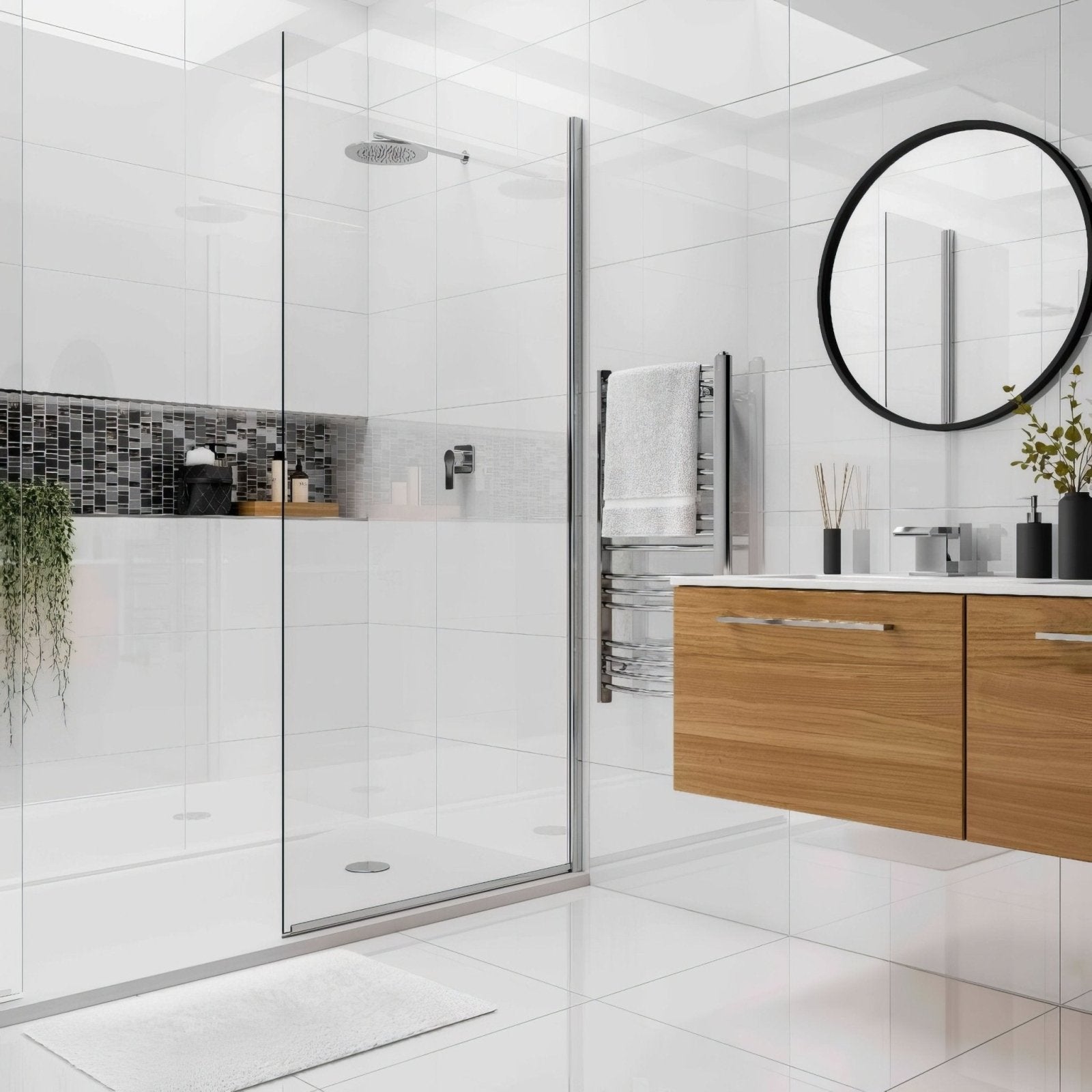 Modern glass shower enclosure with chrome copper frame and built-in rain showerhead in metal linear mix mosaic design