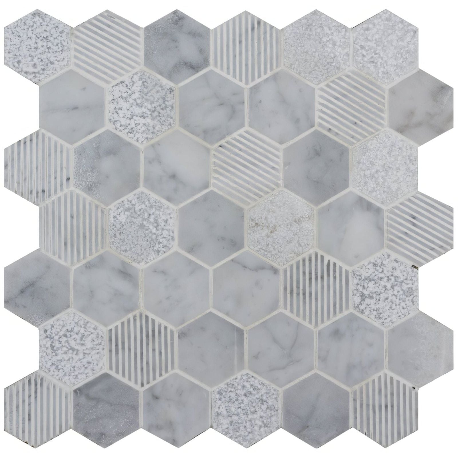 Cirrus large stone hexagon panel with white marble gray veining textured glass and matte grooved tiles mosaic