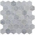 Cirrus large stone hexagon panel with white marble gray veining textured glass and matte grooved tiles mosaic
