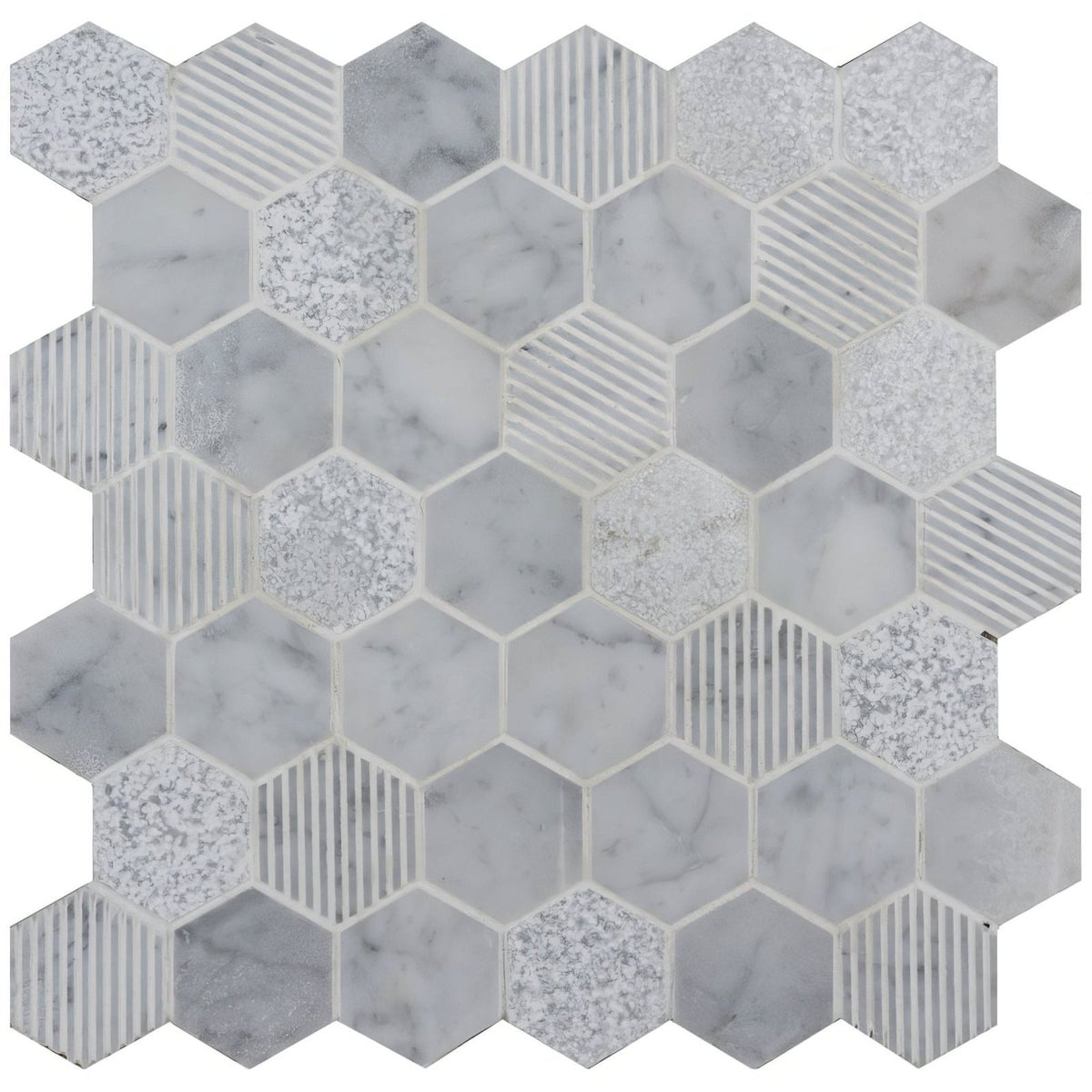 Cirrus large stone hexagon panel with white marble gray veining textured glass and matte grooved tiles mosaic