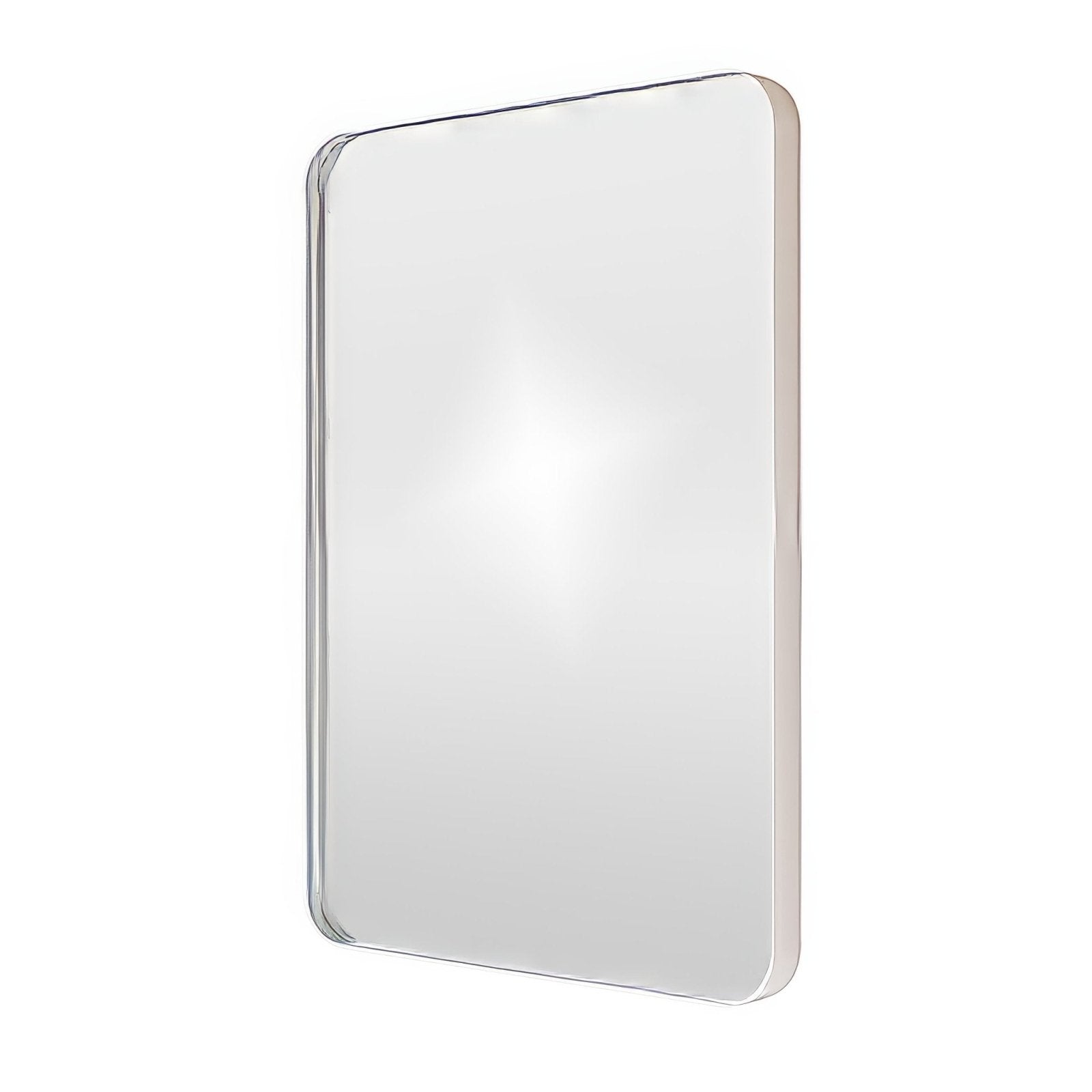 A sleek rectangular city mirror 50x75cm with a thin polished silver frame and softly rounded corners