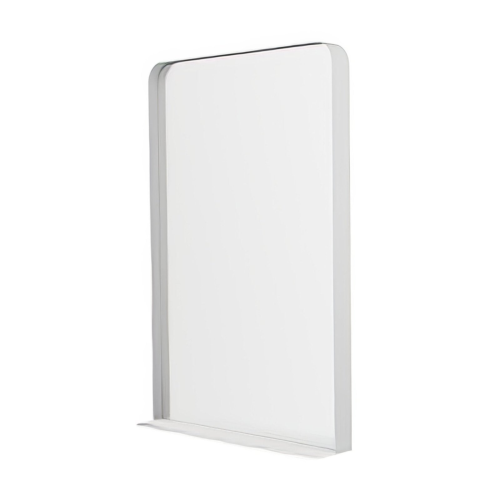 A sleek white acrylic city mirror with a smooth transparent shelf and rounded edges for minimalist display