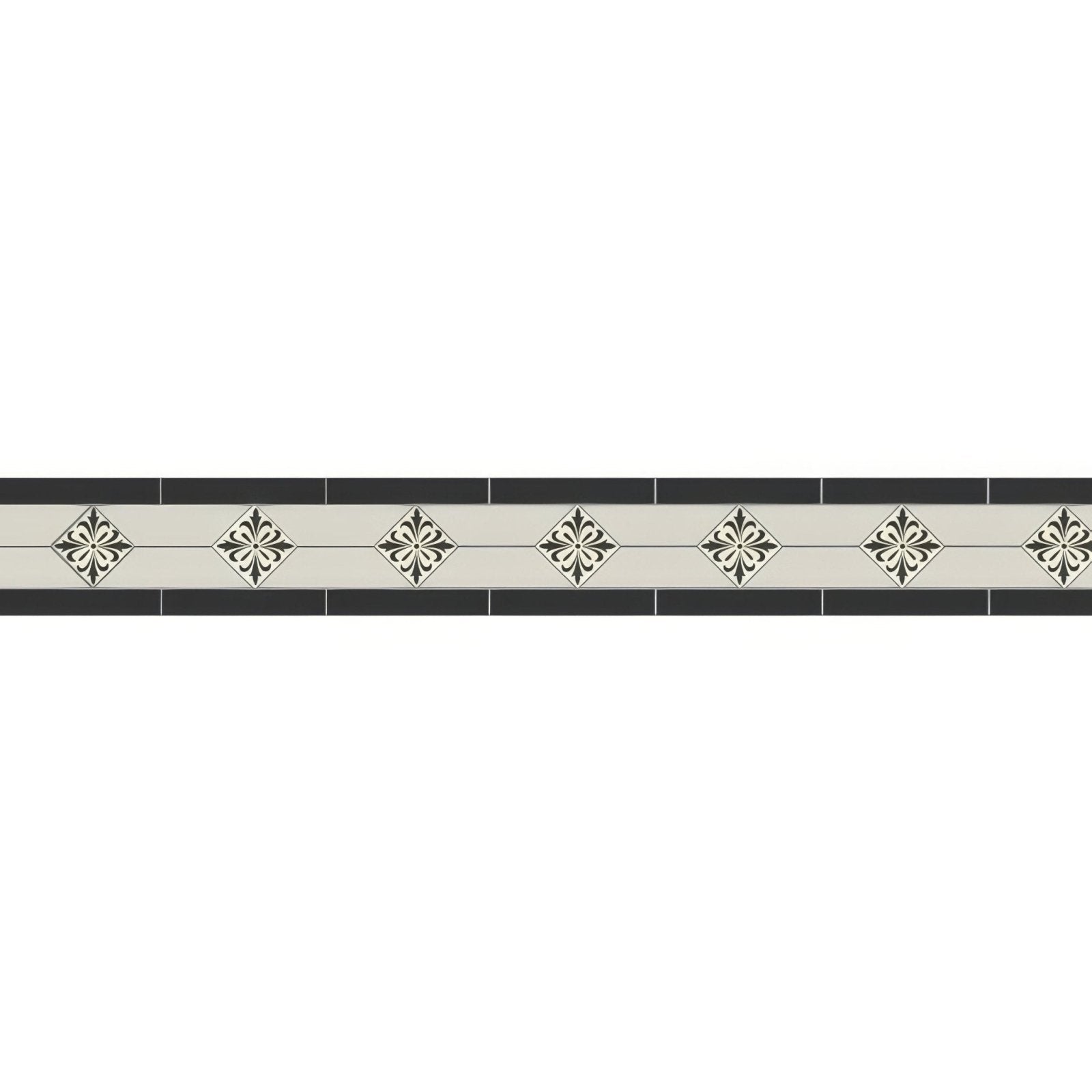 Black and cream decorative border tile clare black dover white and cardigan with repeating diamond floral motifs