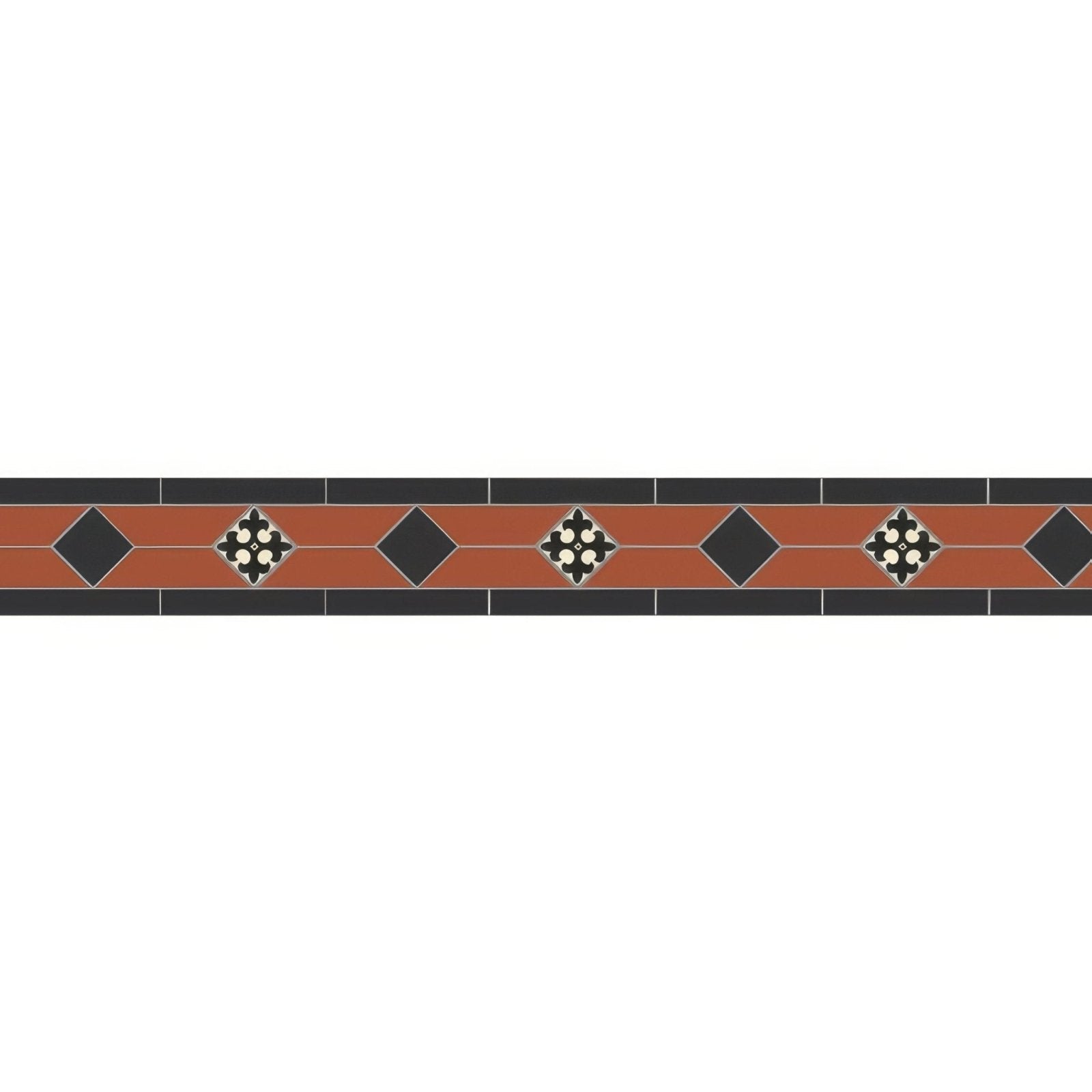 Terracotta and black ceramic tile border with diamond-shaped motifs from clare black red and gordon collection