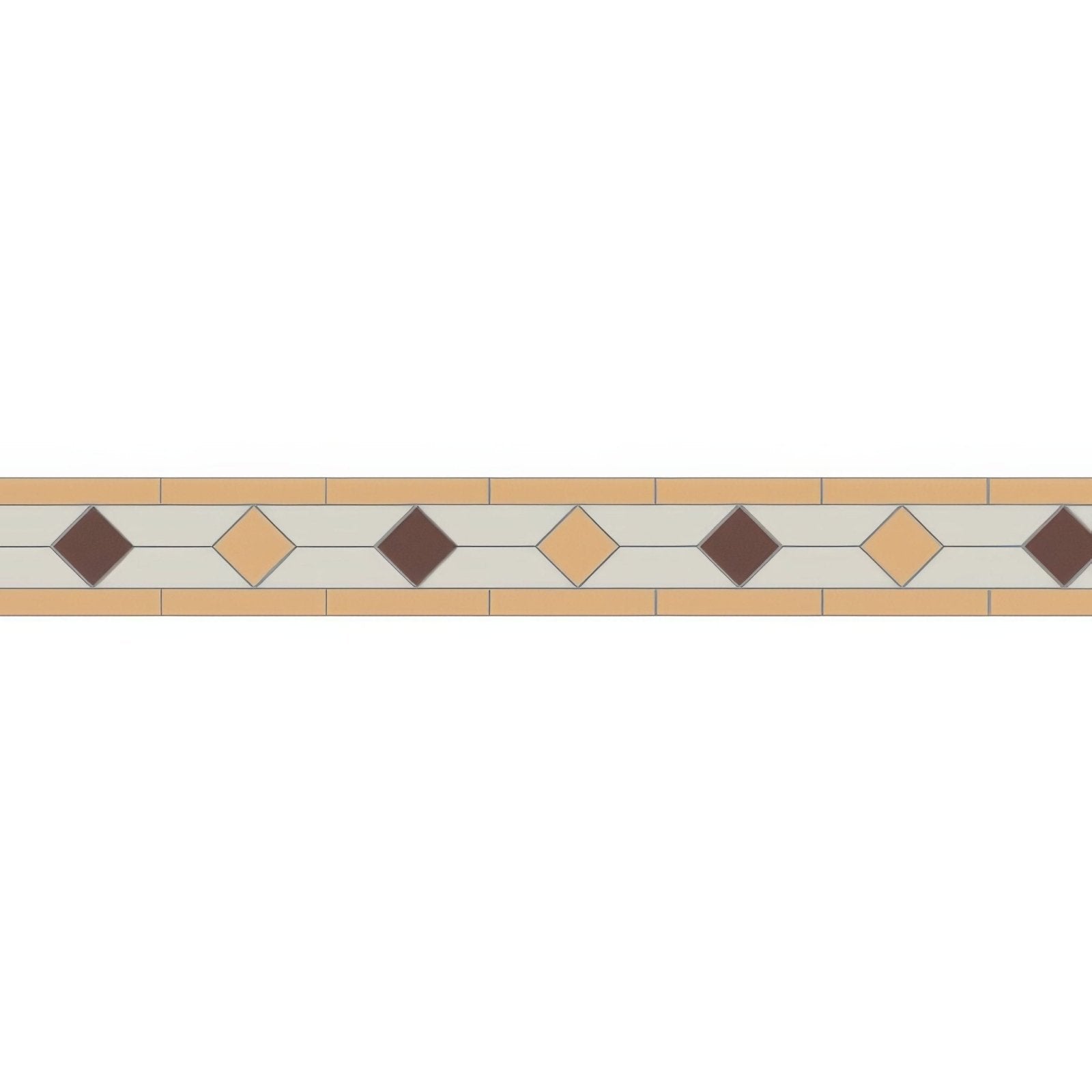 Clare Brown old London and Dover White decorative tile strip with dark brown and beige diamond tiles and tan borders