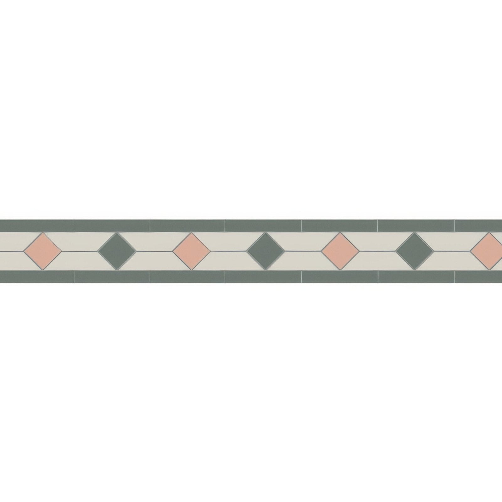 A decorative border tile featuring a pink and dark gray diamond pattern with beige background and dark green frame called Clare Carnation Pink Dover White and Revival Grey
