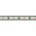 A decorative border tile featuring a pink and dark gray diamond pattern with beige background and dark green frame called Clare Carnation Pink Dover White and Revival Grey