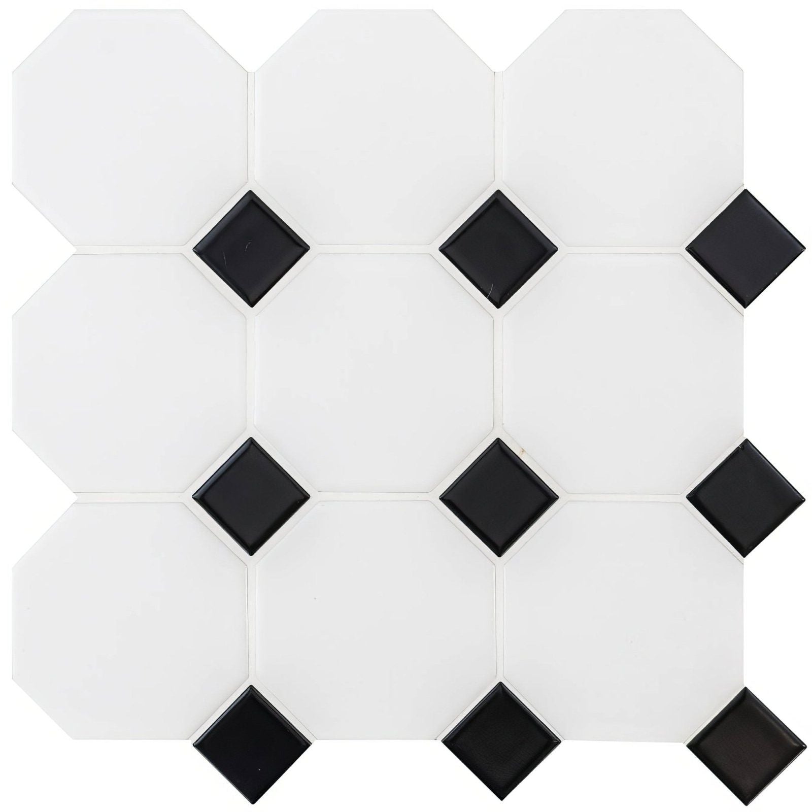 White and black classic octagon and dot floor mosaic tile with glossy diamond-shaped accents in hexagonal pattern