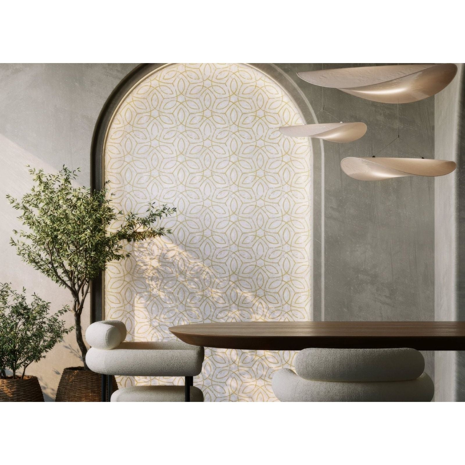 Clematis Golden Promise white and gold mosaic feature panel with golden pendant lights in a dining space