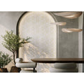 Clematis Golden Promise white and gold mosaic feature panel with golden pendant lights in a dining space