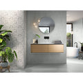 Modern floating bathroom vanity Cleveland 1833 Pearl Matt with light wood finish and black metal accents