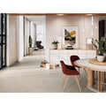 A sleek minimalist white sideboard with clean lines and a light wood top in cleveland 1833 sand matt finish