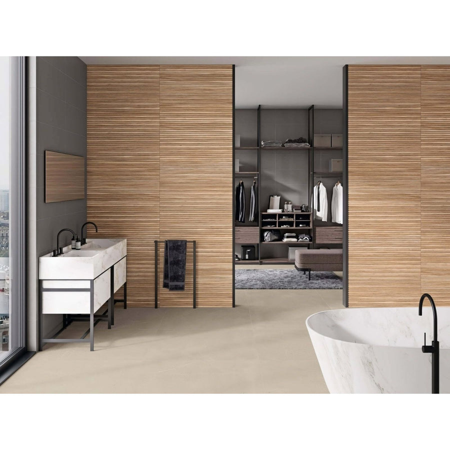 Modern minimalist bathroom featuring cleveland 1833 sand matt freestanding white marble bathtub with black faucet and wooden walls