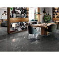 Dark gray marble-effect floor tiles with subtle white veining in cleveland 1834 black polished finish