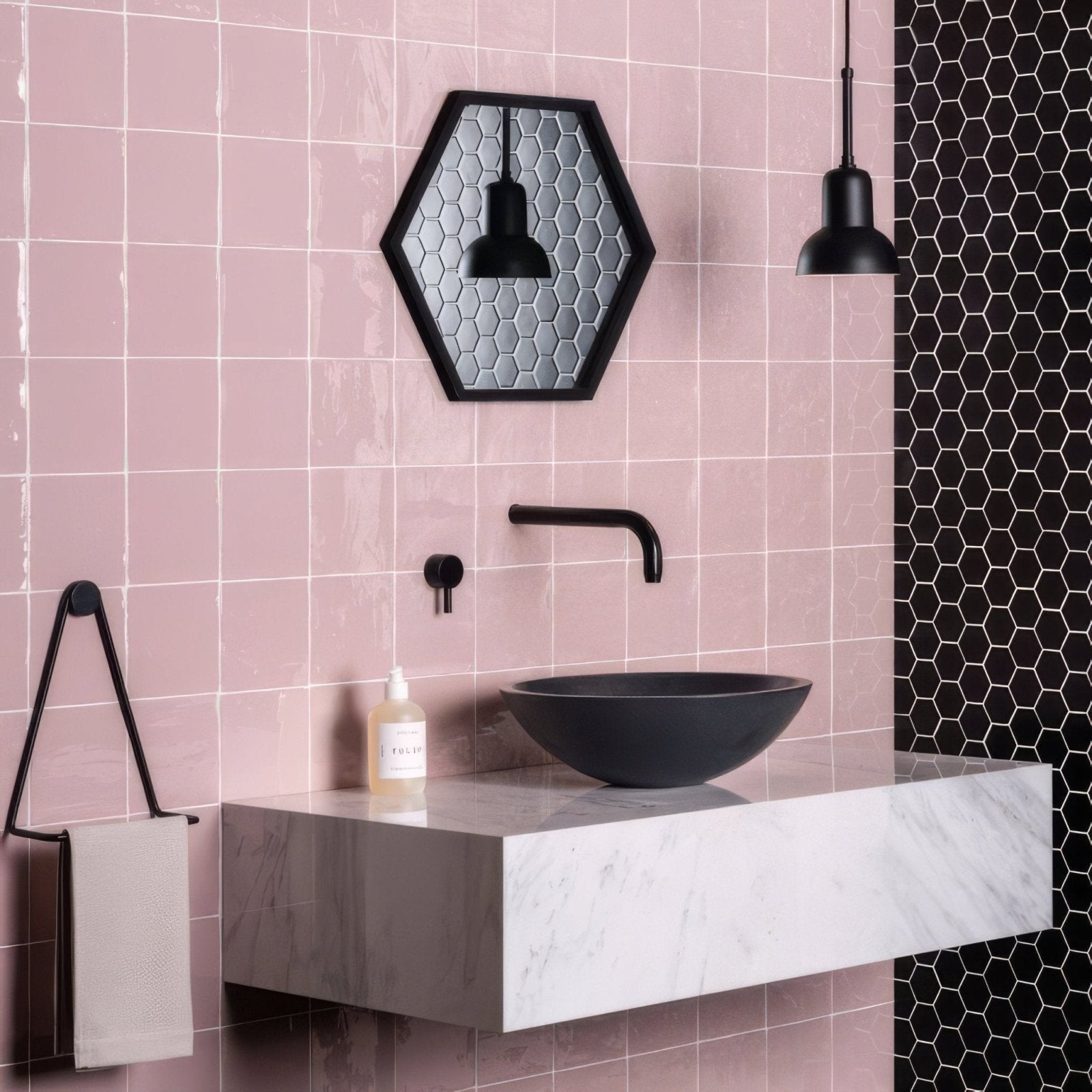 Black matte ceramic bowl sink with modern minimalist design on white marble countertop for clover field tile