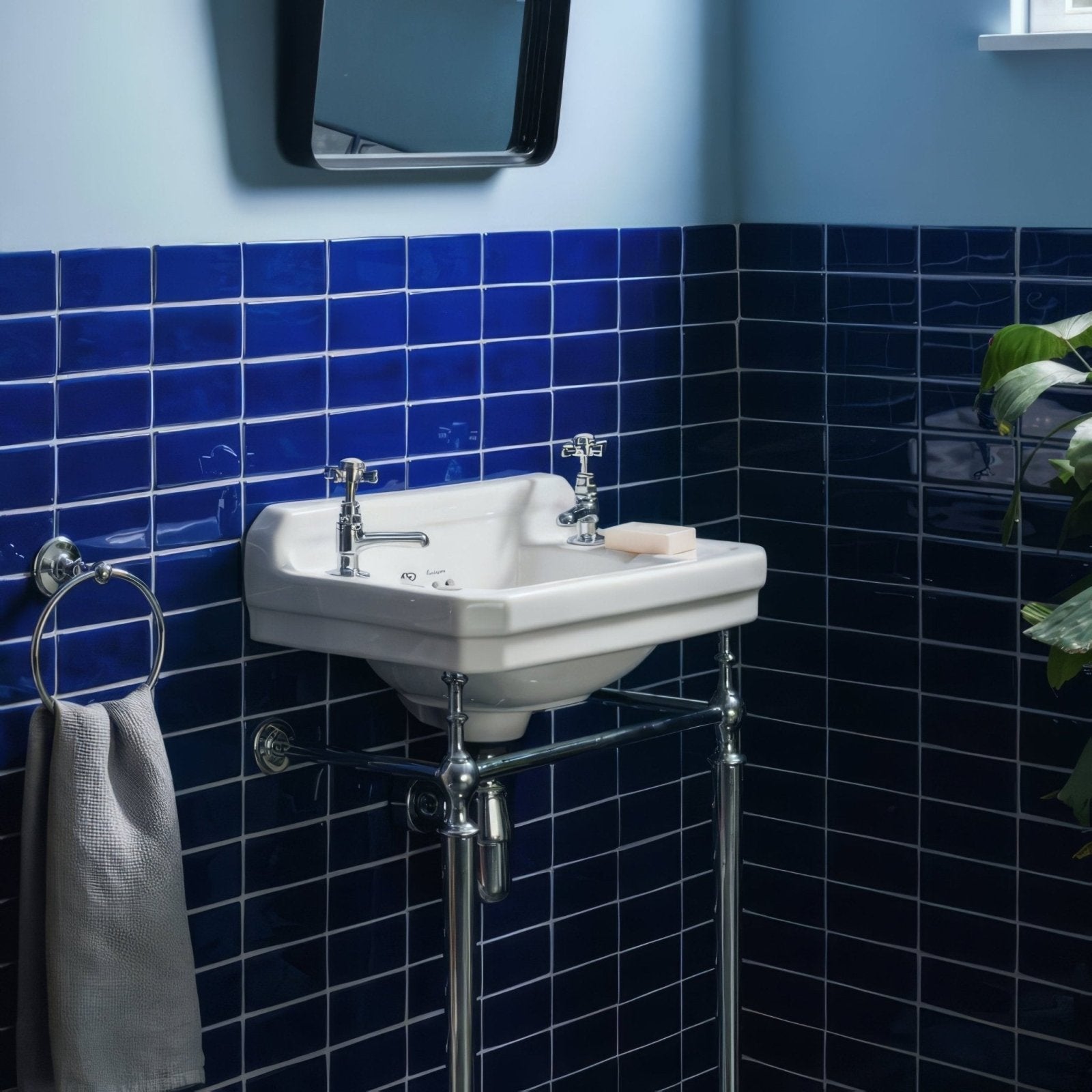 White ceramic pedestal sink with chrome cross-handle faucets and exposed plumbing in cobalt blue half tile setting