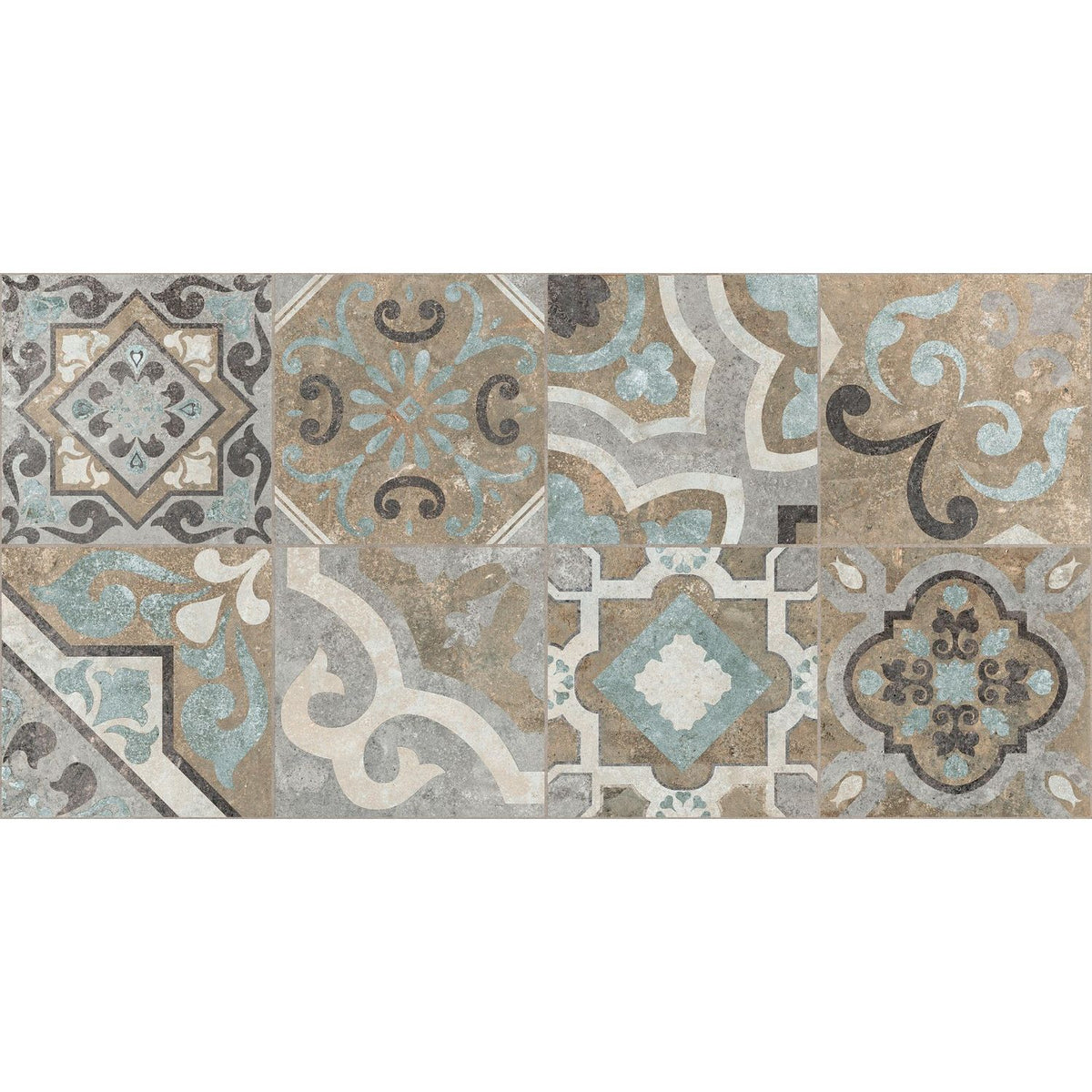 Codec cementine random mix matt decor mosaic tile panel with intricate vintage patterns in muted blues grays and earth tones