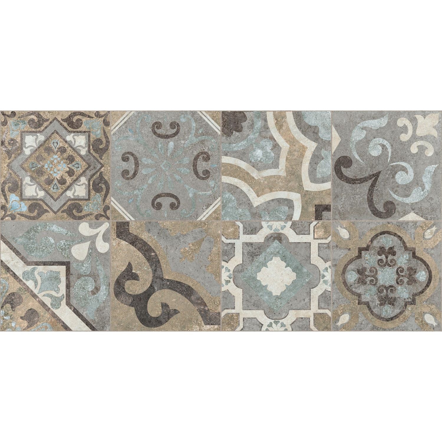Vintage-inspired codec cementine random mix matt decor mosaic tile panel with geometric floral patterns in soft blue beige and gray