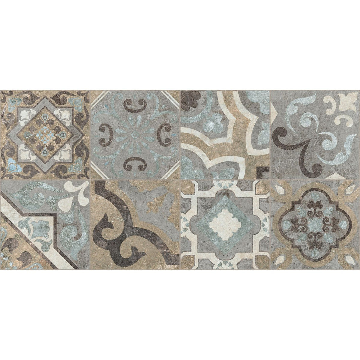 Vintage-inspired codec cementine random mix matt decor mosaic tile panel with geometric floral patterns in soft blue beige and gray