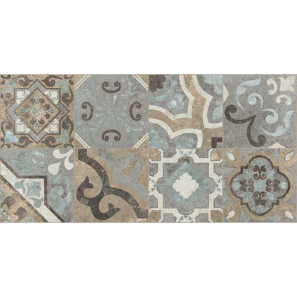 Vintage-inspired codec cementine random mix matt decor mosaic tile panel with geometric floral patterns in soft blue beige and gray