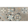 Vintage-inspired codec cementine random mix matt decor mosaic tile panel with intricate geometric and floral patterns in muted blues creams grays and browns