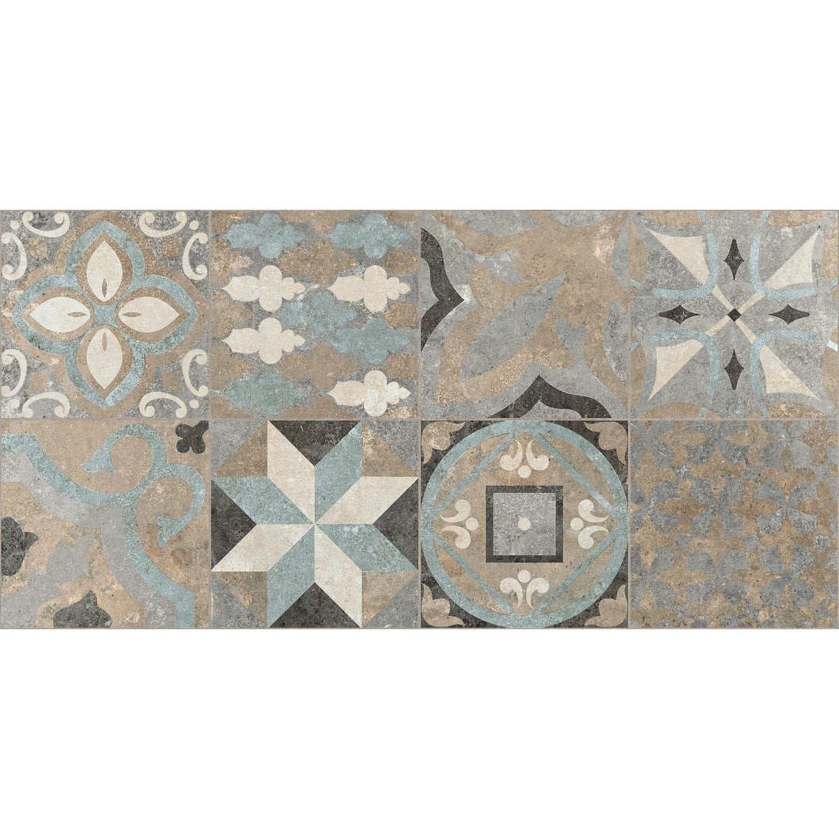Vintage-inspired codec cementine random mix matt decor mosaic tile panel with intricate geometric and floral patterns in muted blues creams grays and browns