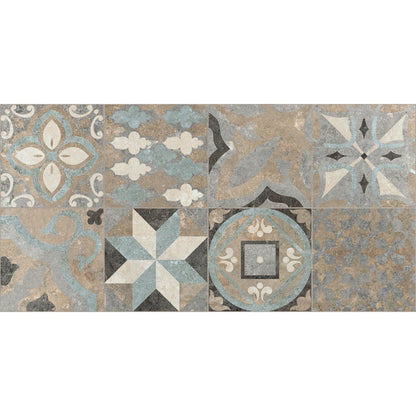 Vintage-inspired codec cementine random mix matt decor mosaic tile panel with intricate geometric and floral patterns in muted blues creams grays and browns
